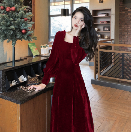 Gold Velvet Women's Slim Square Neck Long Dress