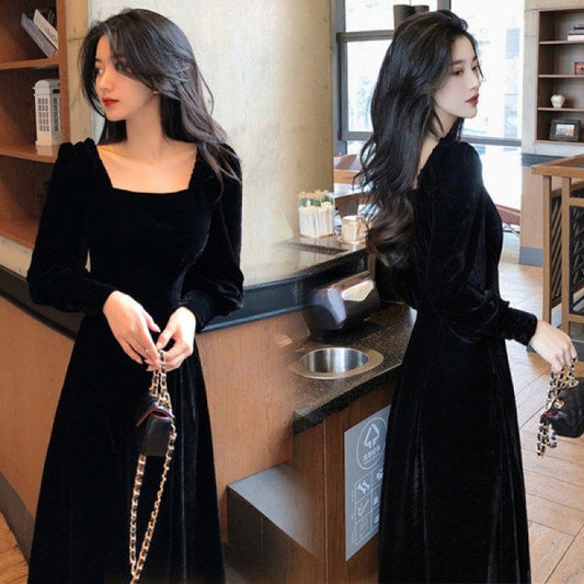 Gold Velvet Women's Slim Square Neck Long Dress