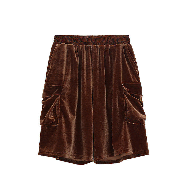 Retro Velvet Loose Five-Point Shorts with Big Pockets