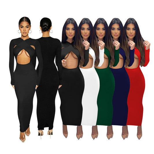 Pure Color Commuter Long Sleeve Midi Dress