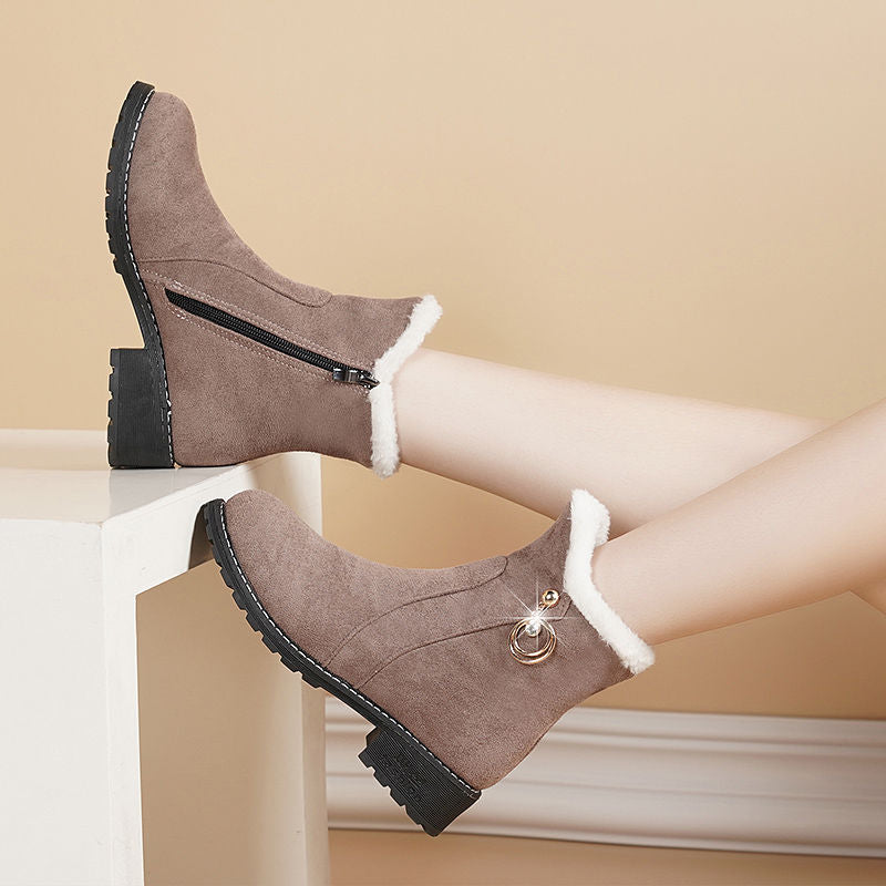 Suede Chunky Heel Ankle Boots with Side Zipper
