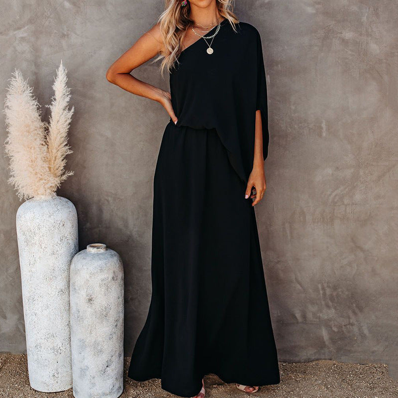 Off-Shoulder Dress with Oblique Collar and Side Slit