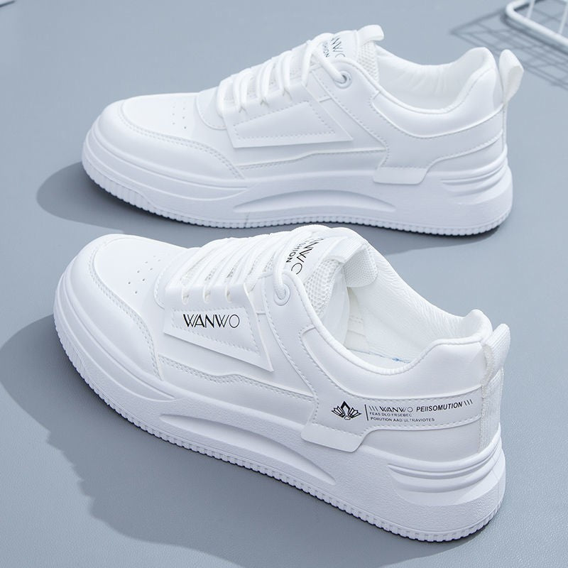 Women's Thick-Soled White Leather Sports Shoes