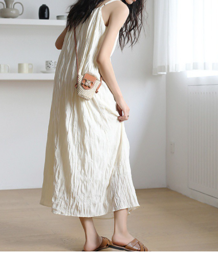 Textured French Pleated Mid-Length Slip Dress
