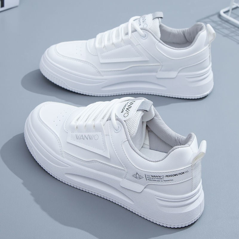 Women's Thick-Soled White Leather Sports Shoes