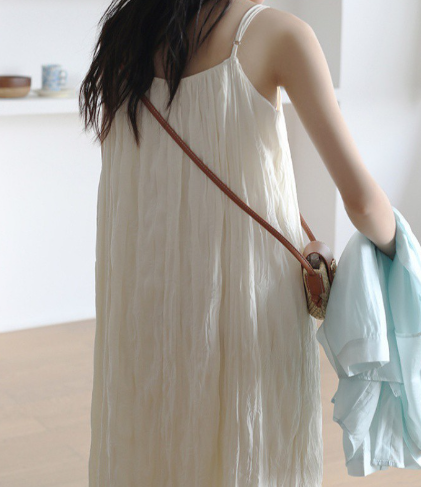Textured French Pleated Mid-Length Slip Dress