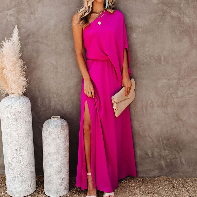 Off-Shoulder Dress with Oblique Collar and Side Slit