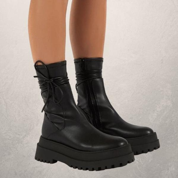 Black PU Round Toe Martin Boots for Women