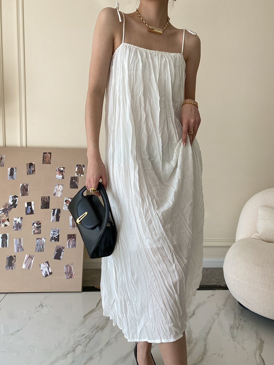 Textured French Pleated Mid-Length Slip Dress