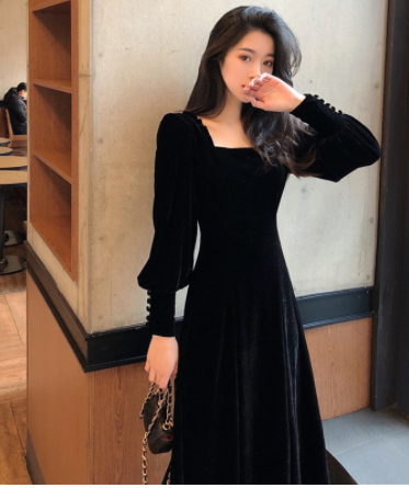 Gold Velvet Women's Slim Square Neck Long Dress