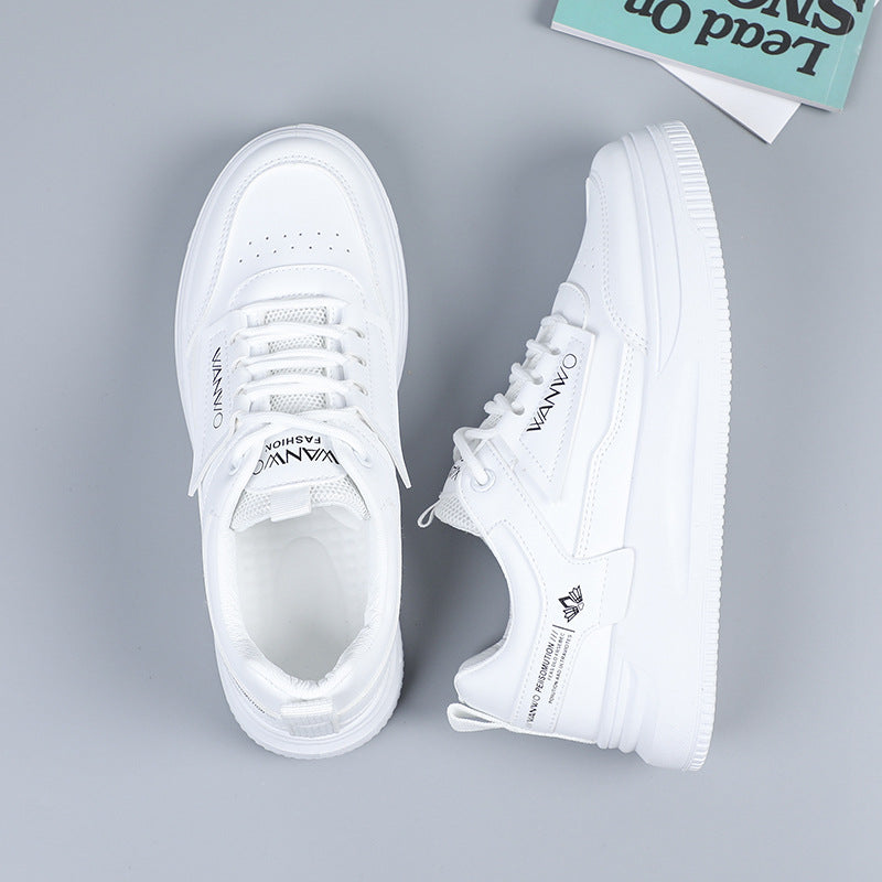 Women's Thick-Soled White Leather Sports Shoes