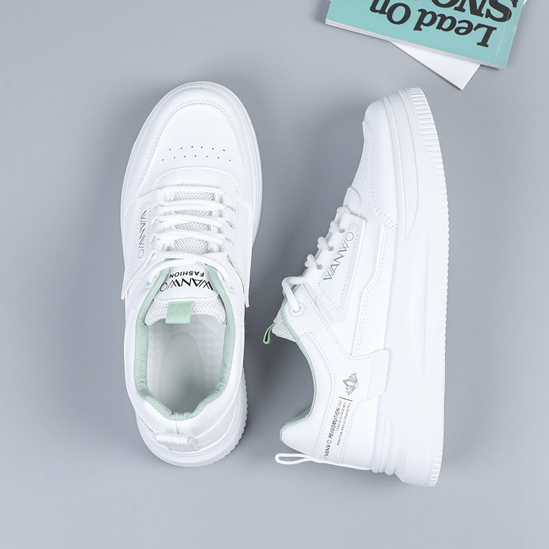 Women's Thick-Soled White Leather Sports Shoes