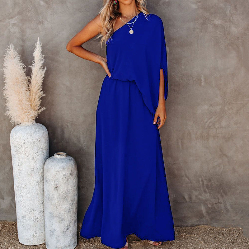 Off-Shoulder Dress with Oblique Collar and Side Slit