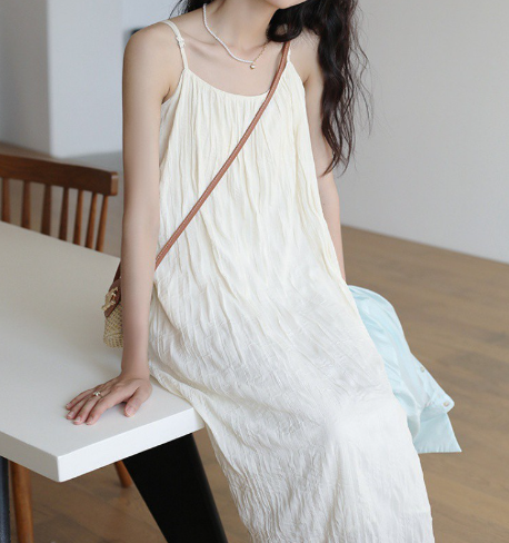 Textured French Pleated Mid-Length Slip Dress