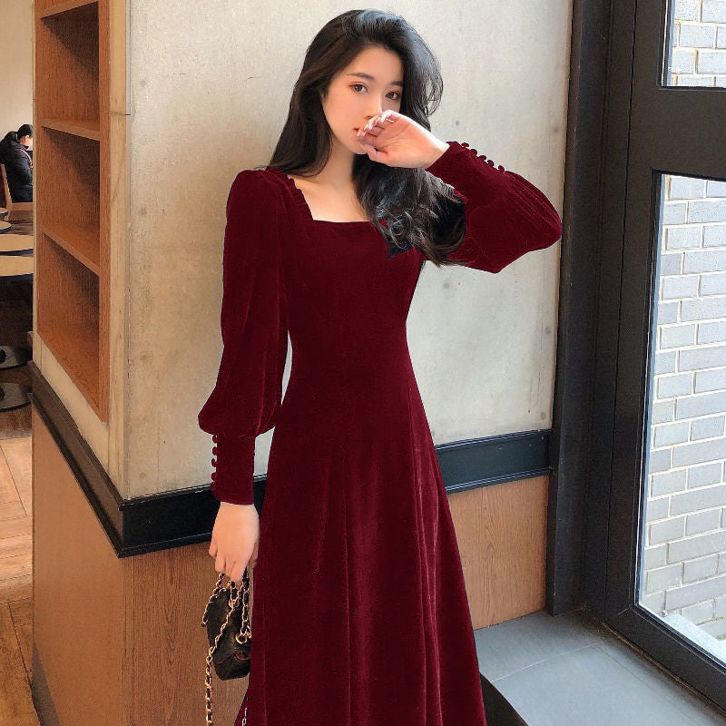 Gold Velvet Women's Slim Square Neck Long Dress